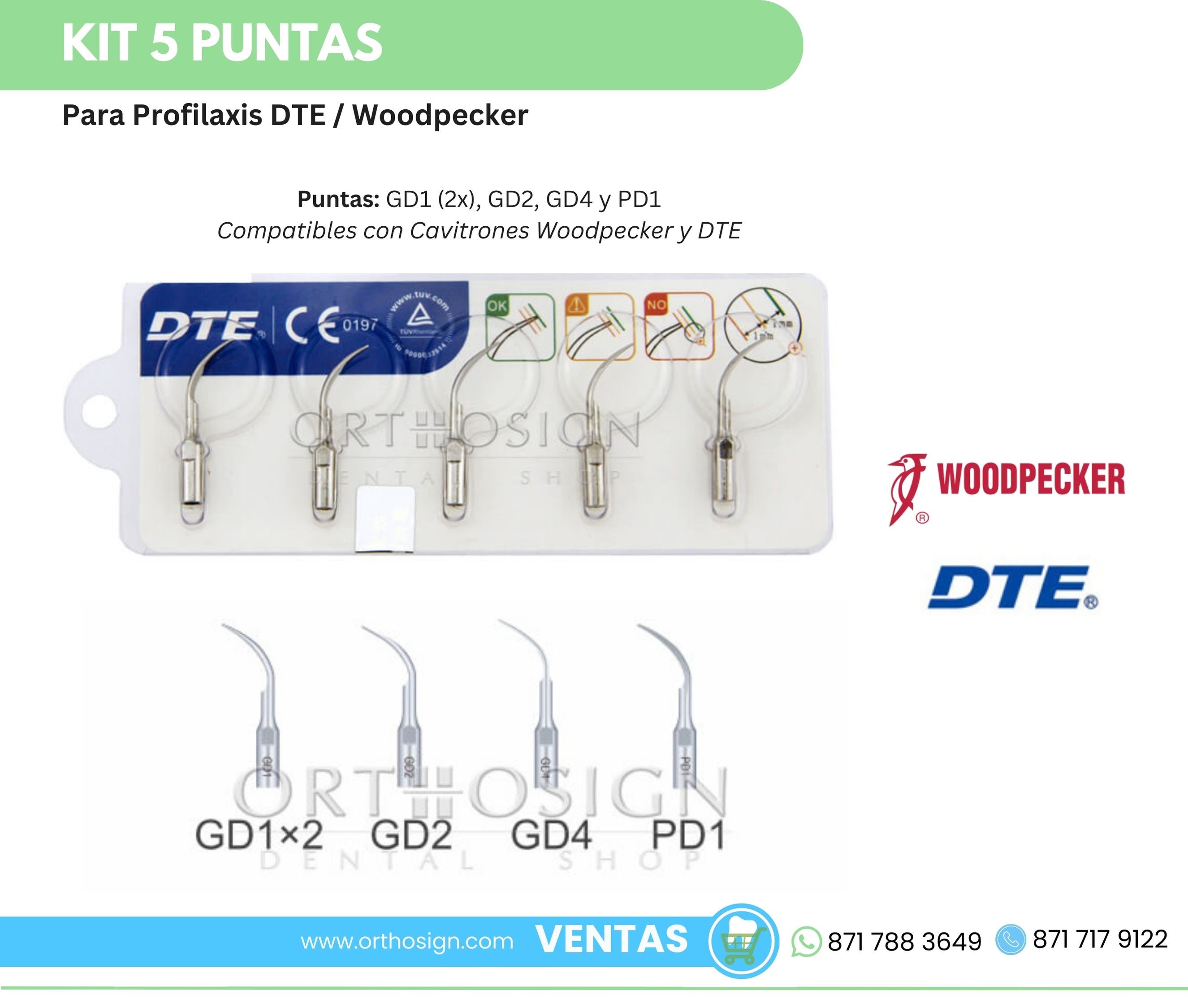 Kit de 5 puntas para Profilaxis DTE / Woodpecker Orthosign