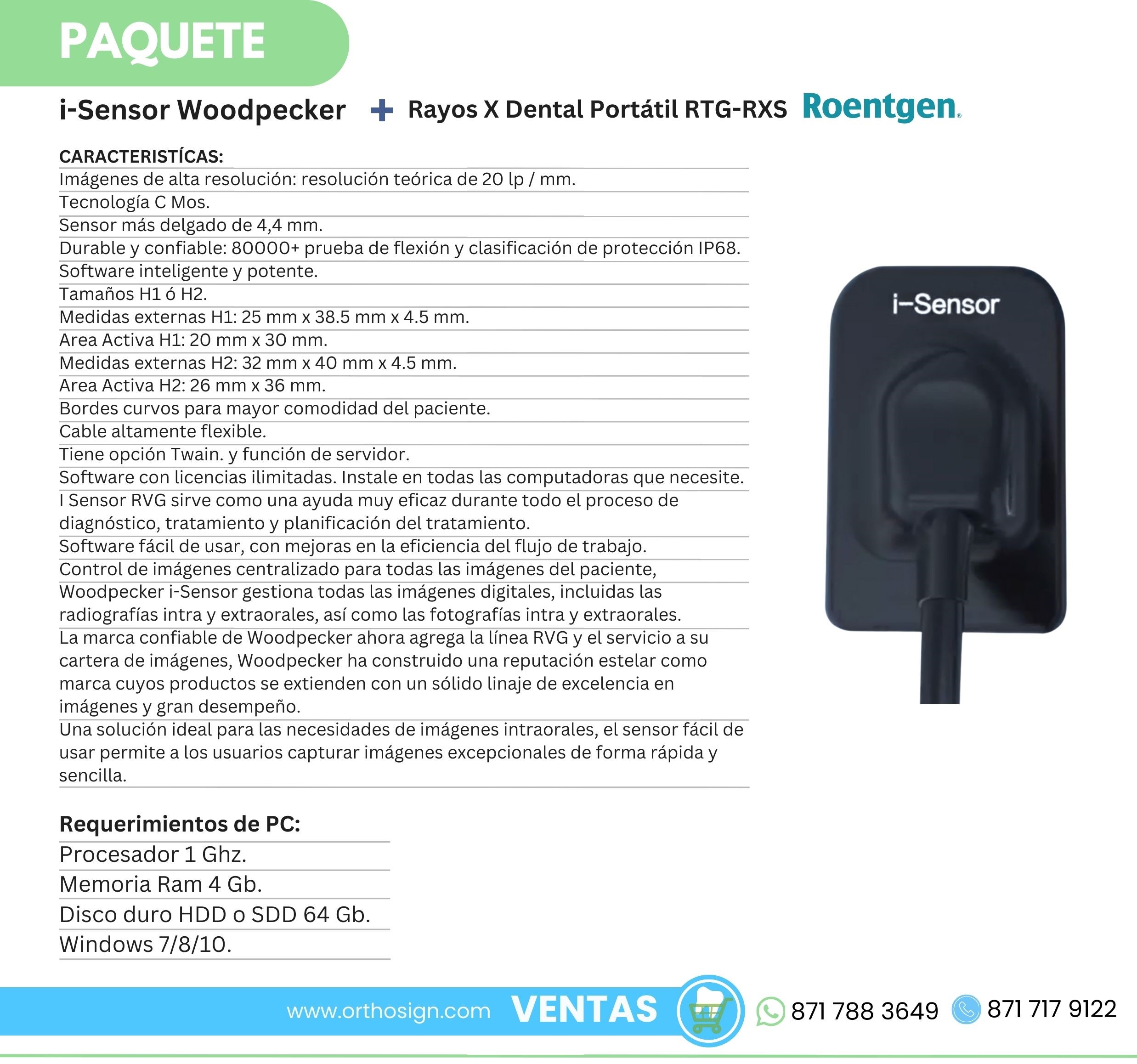 Paquete Rayos X Dental Portátil RXS + Radiovisiógrafo Woodpecker i-Sensor Orthosign