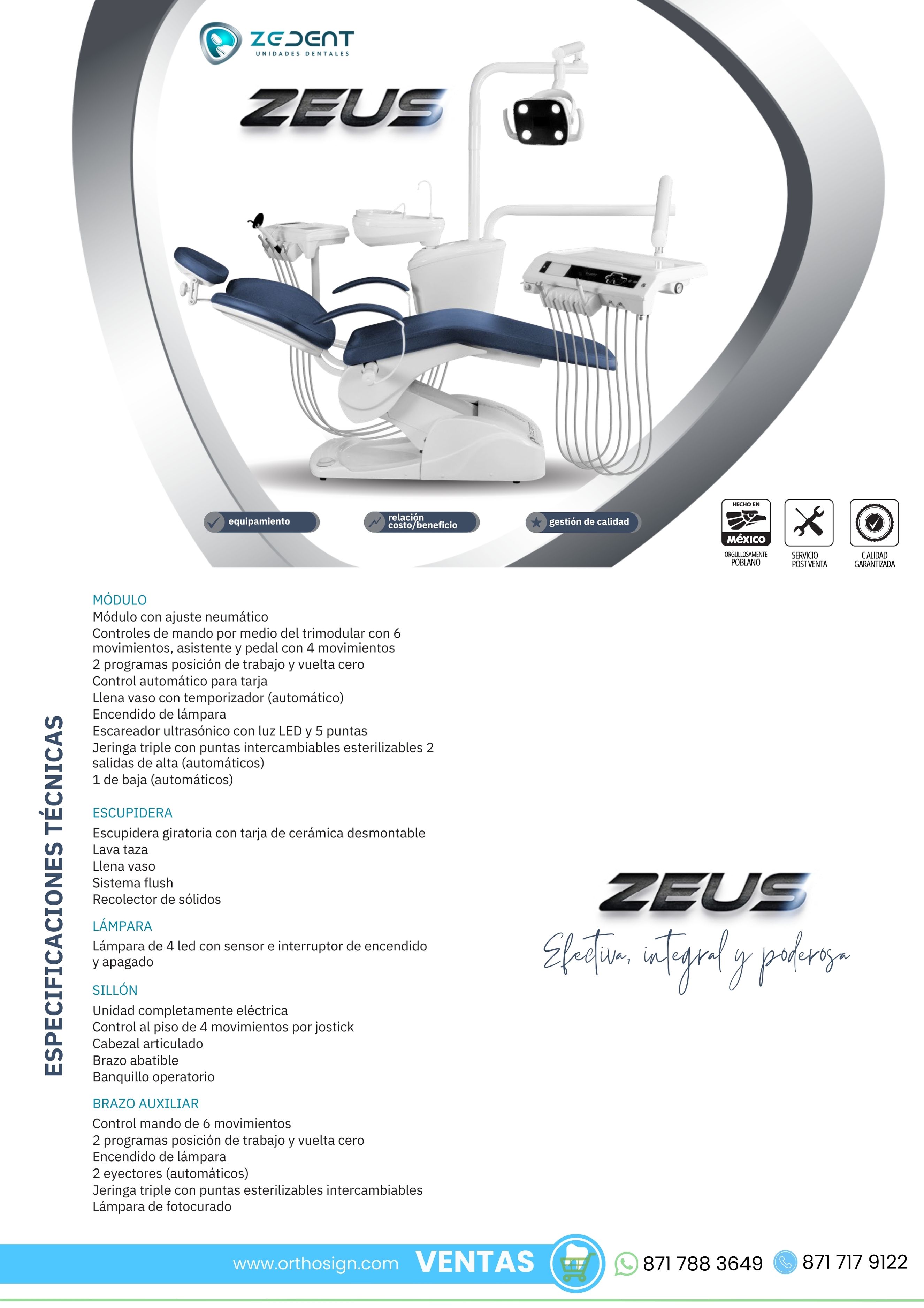 Paquete Unidad Dental Eléctrica Zeus 22 Zedent + Compresor 1 HP 48 Litros
