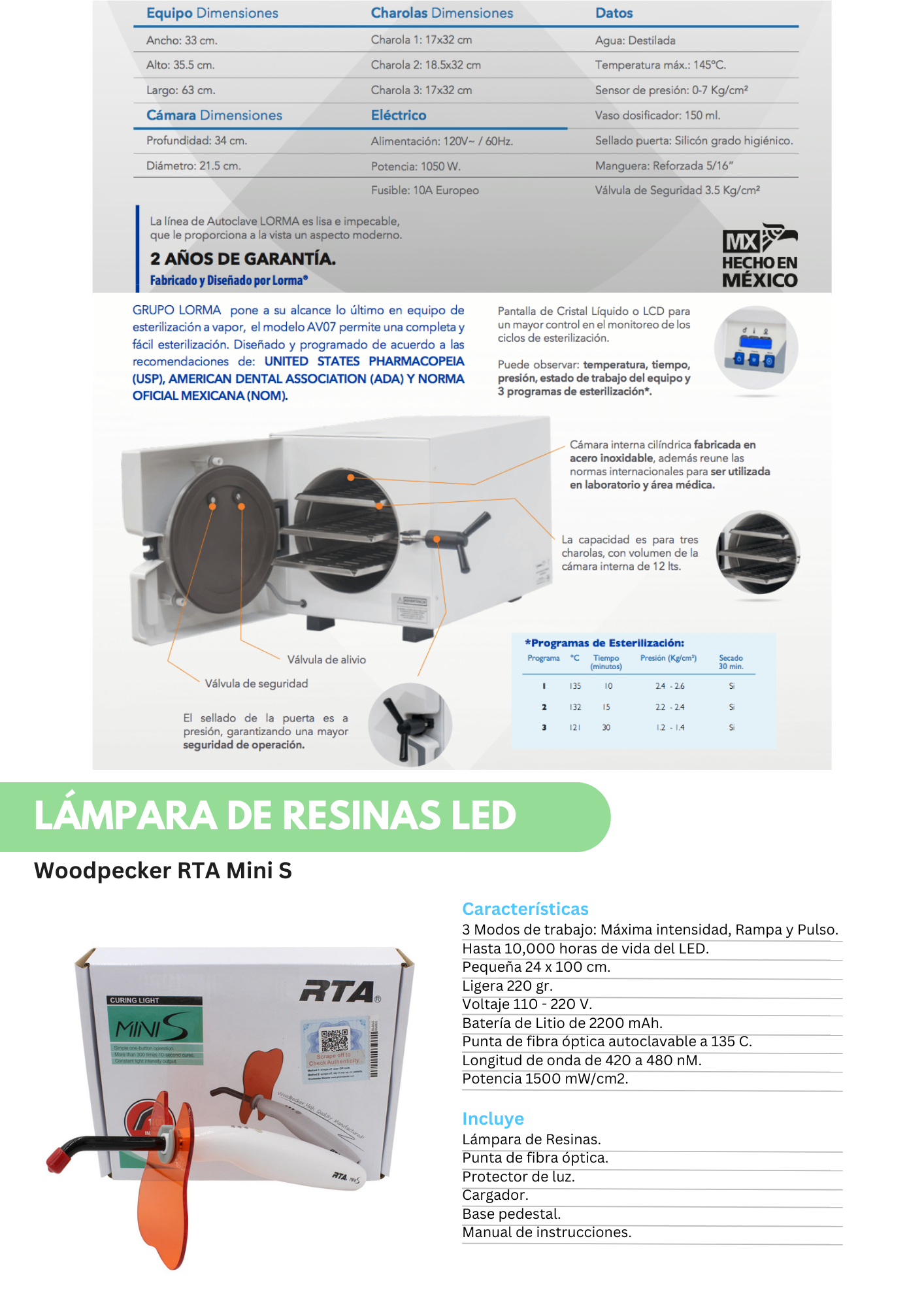 Características y Especificaciones Esterilizador Electrónico Digital Lorma M08 / Lámpara de Resinas LED Woodpecker RTA Mini S